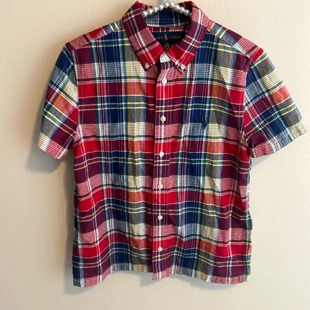 Ralph Lauren Boys L 14-16 Short Sleeve Plaid Button Down Shirt Cotton Madras
